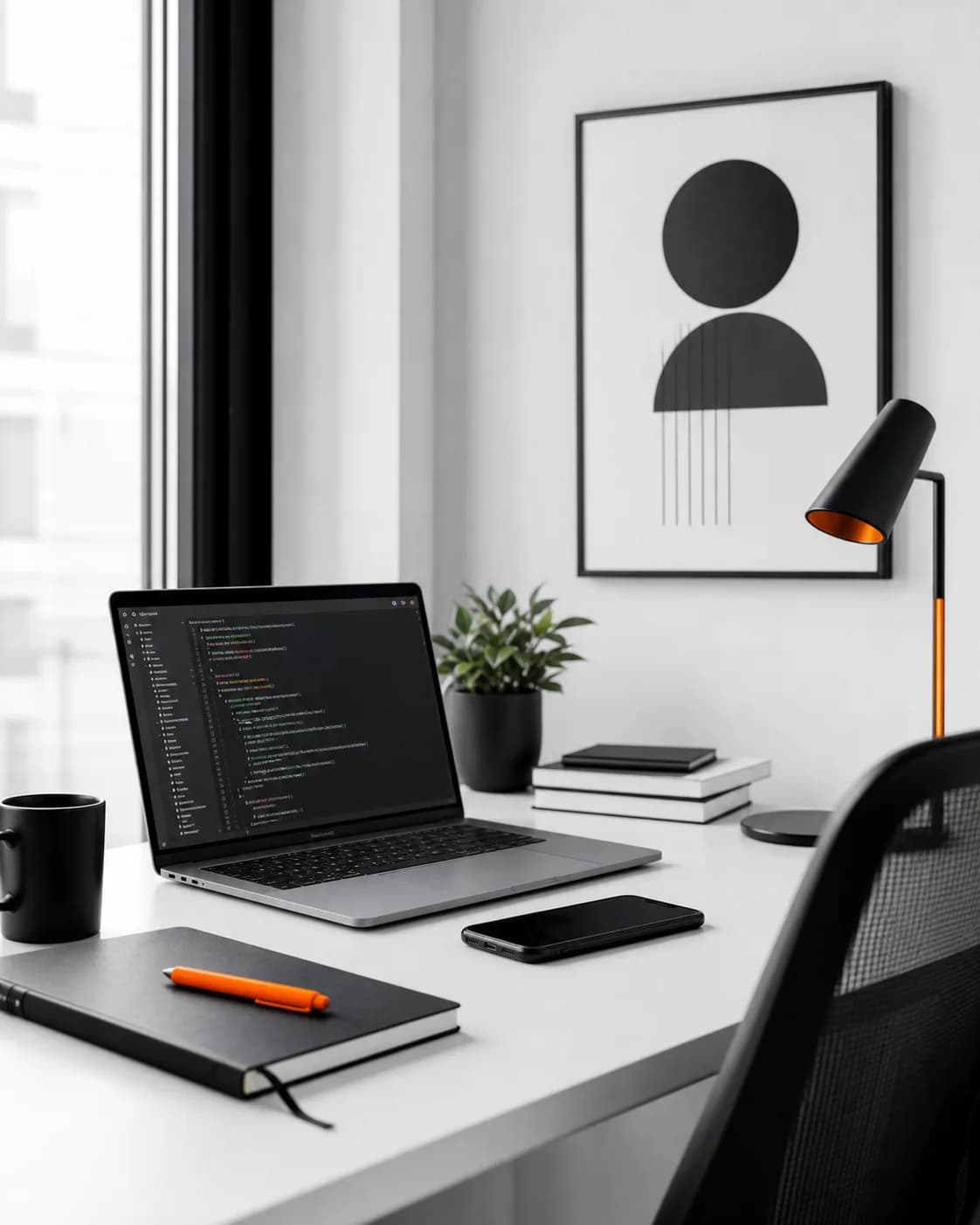 Espacio de trabajo profesional con dashboard digital y acentos naranja
